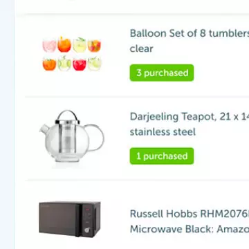 Small list of gifts showing a microwave, teapot and drinking glasses.
