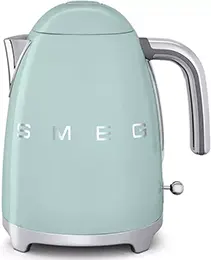 Baby blue Smeg Cordless Electric Kettle in a retro 50's style. Silver handle and large Smeg logo.